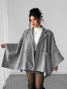 Elenzga Plus Size Asymmetrical Hem Double-Breasted Waist Woolen Coat - Grey - View 3