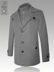 Manfinity Mode 时尚前开襟纽扣翻领大衣，百搭长袖男士灰色风衣外套，冬季必备 - 淺灰色 - 查看 4