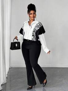 Maweii Plus Size Women Patchwork Zebra Print Ruffle Hem Loose Fashion Blouse - White - View 5