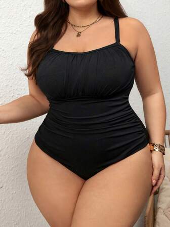 SHEIN CURVE+ 大码女士连体泳衣，黑色罗纹面料，休闲度假款