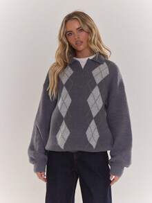 MUSERA Suéter holgado de rugby de punto de argyle, acogedor y casual para usar todos los días en otoño, invierno y primavera - Gris - Ver 5