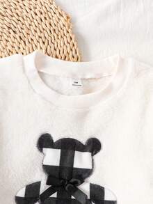 女童粉色格子休闲舒适两件套：格子刺绣泰迪熊长袖上衣和格子裤，秋冬款 - 黑與白 - 查看 5