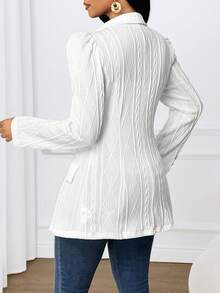 SHEIN Lady 女士纹理翻领泡泡袖金属双排扣休闲外套，秋冬款 - 白色 - 查看 2