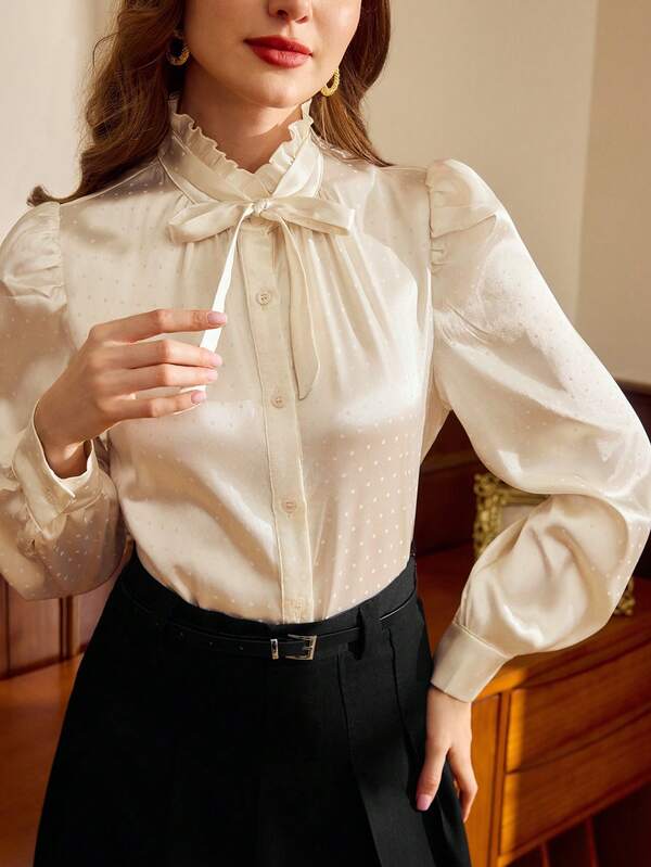 Vintamour Vintage Elegant Women Blouse Polka Dot Jacquard Satin Bow Ruffle Casual Office Holiday Top Winter Clothes For Women Women's Winter Clothes Christmas Clothes Christmas Outfit For Women Christmas Women's Clothing New Year Clothes New Year Outfit New Year's Eve Dress New Year Women's Clothes Thanksgiving Outfit For Women Thanksgiving Shirt Elegant Women's Blouses Elegant Blouses For Women Chic Blouses For Women White Top