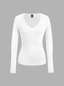SHEIN EZwear Bộ 3 áo thun dài tay bó sát cổ chữ V sâu cho nữ, màu trắng - trắng - Xem 5