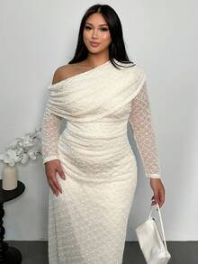 Firerie Plus Size Elegant Formal White Summer Maxi Dress For Women,Bodycon Long Sleeve Wedding Dress,Minimalist Chic Office Commute Fashion Outfit Fall - Apricot - View 1