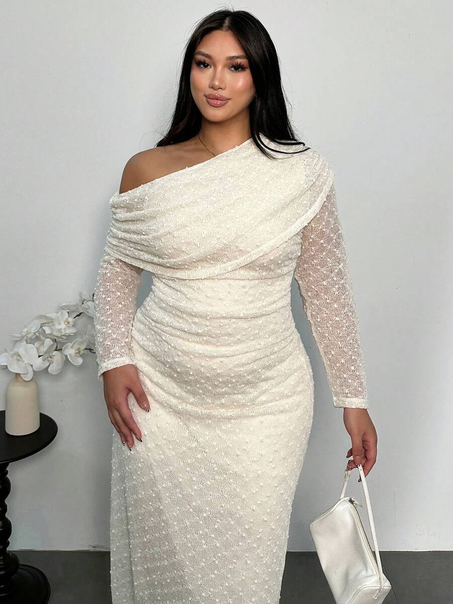 Firerie Plus Size Elegant Formal White Summer Maxi Dress For Women,Bodycon Long Sleeve Wedding Dress,Minimalist Chic Office Commute Fashion Outfit Fall - Apricot - View 1