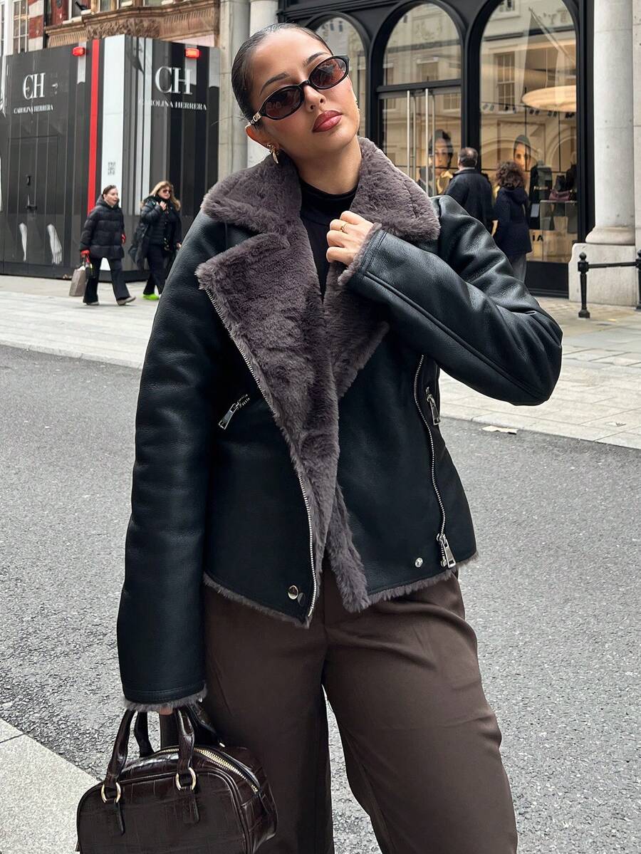 NegzBox 女式黑色 PU 皮革复合仿兔毛领夹克 - 黑色 - 查看 1