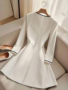 INAWLY 休闲优雅通勤拼色圆领长袖女式连衣裙