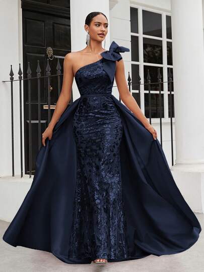 SHEIN Belle Gorgeous Beaded Shoulder Bowknot Dress For Women's Formal Evening Party Dress Elegant Prom Wedding Guest Gown, For Graduation, Dinner