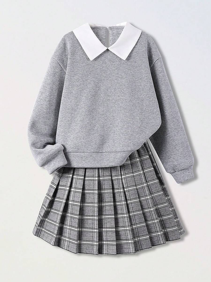 SHEIN Explorewe Tween Girl 2 In 1 Polo Collar Sweatshirt And Skirt Set