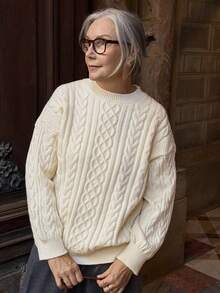 Vivie Lora Women's Crew Neck Loose Cable Knit Sweater, Soft And Comfortable - Beige - View 6