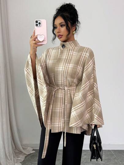 Elenzga Women's Apricot Wool Blend Stand Collar Button Decor Loose Waist Belt Design Elegant Street Style Travel Atmosphere Winter New Versatile Fashion Luxury Plaid Jacket