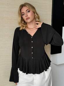 Modelyn Women's V-Neck Flare Sleeve Fashion Elegant Ruffle Trim Fitted Plus Size T-Shirt - Black - View 6
