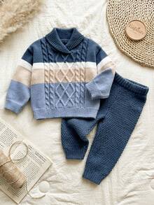 SHEIN Vintaside Kids 男婴针织条纹高领毛衣和裤子两件套，适合秋冬季穿着 - 藍色 - 查看 3