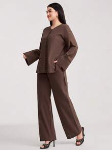 Veilorie Women's Contrast Lace V-Neck Drop Shoulder Long Sleeve Shirt And Pants Casual 2-Piece Set - Brown - View 1