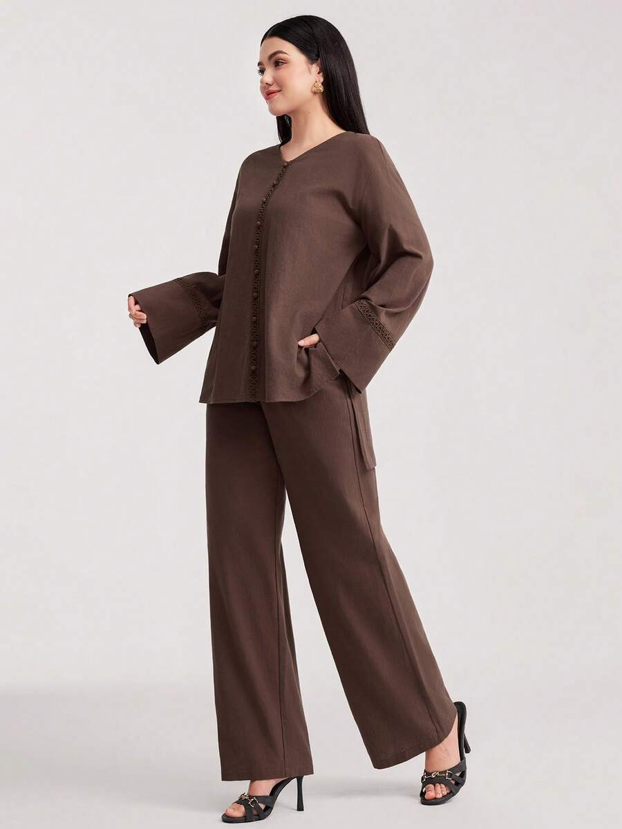 Veilorie Women's Contrast Lace V-Neck Drop Shoulder Long Sleeve Shirt And Pants Casual 2-Piece Set - Brown - View 1