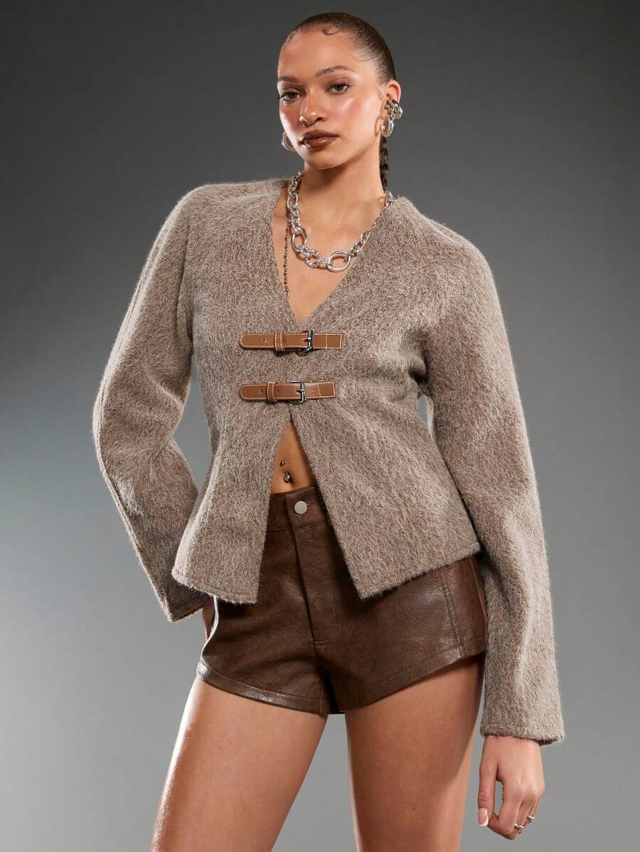 Normani Cappotto in lana con fibbia e scollo a V profondo, novità per donna, autunno/inverno - Moka Marrone - Visualizzare 1