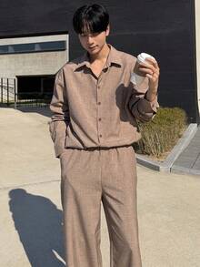 DAZY 2pcs Men's Solid Color Khaki Shirt Loose Pants Suit Set, Spring/Autumn Quarter Zip Men - Khaki - View 6