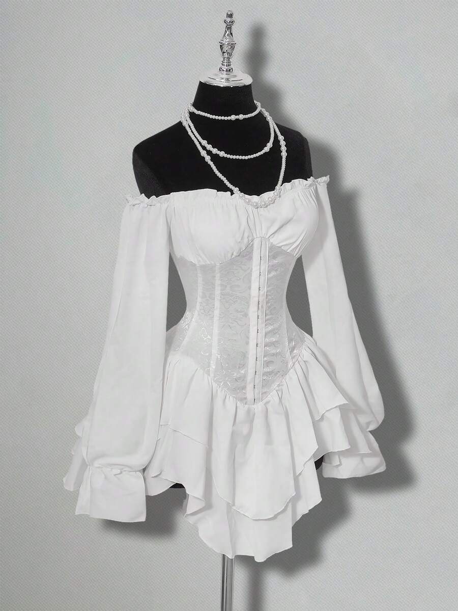 SHEIN ICON 女士露肩长袖花卉提花连衣裙，荷叶边下摆和腰部拼接设计 - 白色 - 查看 1