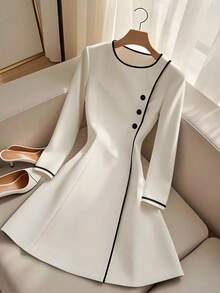 INAWLY 休闲优雅通勤拼色圆领长袖女式连衣裙