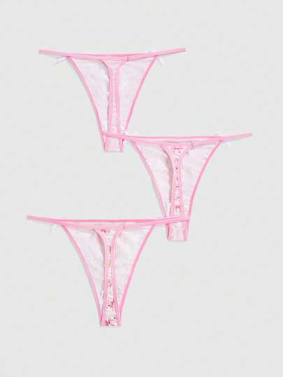 Kawaii Set de 3 bragas tipo g con estampado de lazos, flores, conejos y cerezas en estilo Himekaji kawaii para mujeres