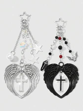Kawaii 1 pieza Llavero/Dije de Estilo Vintage Punk Gótico Y2K con Cadena Negra/Plateada, Perlas Falsas, Cristal Falso, Estrella, Murciélago Vampiro, Gota de Aceite, Ataúd, Cruz, Diablo, Alas de Ángel, Corazón Hueco, Cruz de Cristal, Adecuado para Parejas, Mejores Amigos, Mujeres, Uso Diario, Regalo de Vacaciones