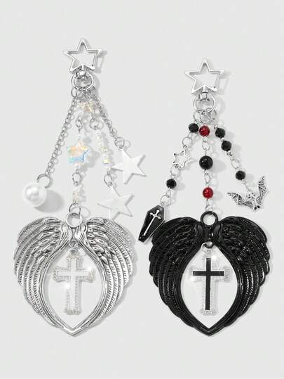 Kawaii 1 pieza Llavero/Dije de Estilo Vintage Punk Gótico Y2K con Cadena Negra/Plateada, Perlas Falsas, Cristal Falso, Estrella, Murciélago Vampiro, Gota de Aceite, Ataúd, Cruz, Diablo, Alas de Ángel, Corazón Hueco, Cruz de Cristal, Adecuado para Parejas, Mejores Amigos, Mujeres, Uso Diario, Regalo de Vacaciones