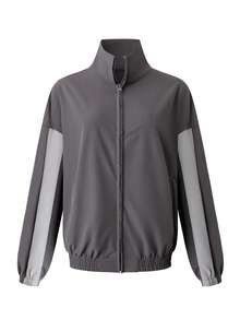 Zielony Women's Autumn/Winter Outdoor Ski Wear, Contrast Color Sports Casual Loose Windbreaker Jacket - Dark Grey - View 3