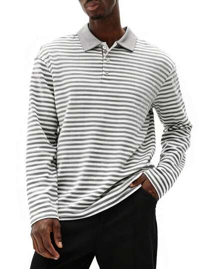 SUMWON Striped Long Sleeve Polo Shirt With Button Placket And Collar For Classic Casual Everyday Wear,Relaxed And Casual For Everyday Wear, Casual Style ,Holiday