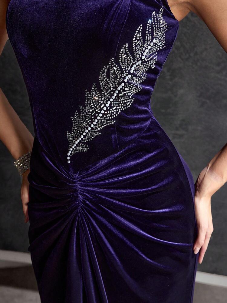 MOTF Soiréza WOMEN'S VELVET RHINESTONE AND FAUX PEARLS DETAIL RUCHED SLIM FIT TUBE DRESS, SUITABLE FOR COCKTAIL PARTY AND EVENTS, AUTUMN/WINTER