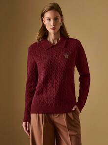 Briarwyn 女式简约绞花刺绣长袖毛衣，藏青色毛衣，冬装，新年女装，复古风女装，万圣节女装 - 酒紅色 - 查看 4