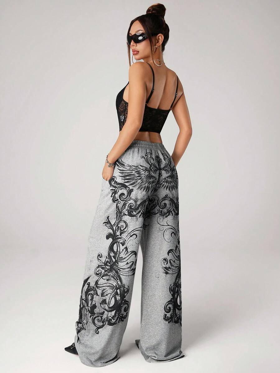 SHEIN ICON Petite Quần thể thao nữ phong cách punk thời trang, dáng rộng thoải mái. - Xám - Xem 1