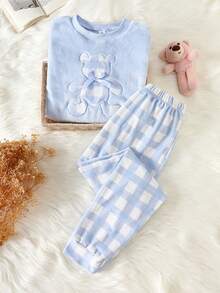 两件套女童休闲舒适粉白格子裤搭配毛绒长袖上衣，饰有小熊刺绣图案，秋冬家居服