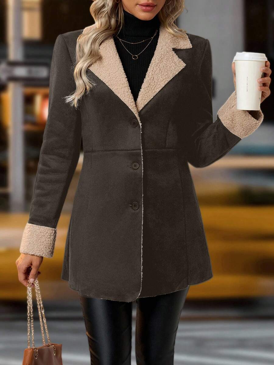 SHEIN Clasi 女式休闲翻领长袖单排扣仿皮草夹克，秋冬 - 棕色 - 查看 1