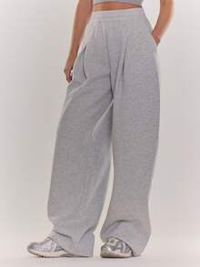 MUSERA 褶裥细节气球松紧腰运动裤，酷女孩、街头风、可爱风，适合秋季、冬日穿着 - 深灰色 - 查看 2