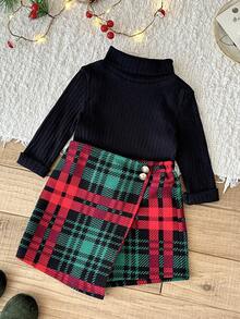 LMoss Kids Bộ đồ 2 món cho bé gái LMoss: Áo thun dài tay cổ đứng màu trơn và quần váy kẻ caro, thích hợp cho Giáng sinh, quần áo bé gái, phong cách ấm áp mùa thu đông. - Nhiều màu - Xem 4