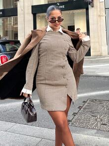 NegzBox Women's Houndstooth Long Sleeve Fitted Single-Breasted Mini Dress,Fall Dresses For Women,Dresses For Women Casual,Elegant Dresses For Women,Business Casual Woman,Office Outfits For Women,Old Money Style Women,Classy Outfits For Women, Fall Clothes For Women,Winter Clothes For Women - Khaki - View 4