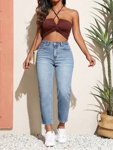 Breezaya 大码女式高腰带口袋锥形休闲百搭牛仔裤 - 藍色 - 查看 6