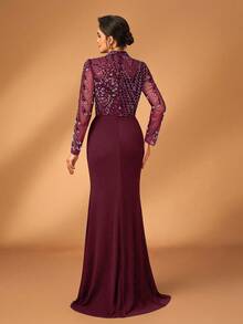 Serin 优雅奢华串珠亮片花卉透明长袖弹力针织美人鱼长裙，适合婚礼、派对、度假、庆典、新娘送礼会、新娘母亲礼服（大量装饰） - 酒紅色 - 查看 2