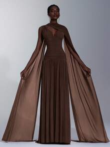 Elitara Elegant Wine Red Glossy Mesh V-Neck Ruched Super Flared A-Line Skirt (Detachable Halter Chiffon Flounce), Suitable For Dates, Singles Parties, Weddings, Formal Events, Bridesmaid Dress