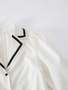 少女撞色饰边纽扣前褶优雅长袖连衣裙 - 白色 - 查看 4