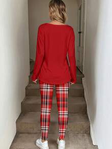 EMERY ROSE Casual Plus Size Solid Color Minimalist Long Sleeve Top & Plaid Pants 2 Pieces Set - Red - View 2