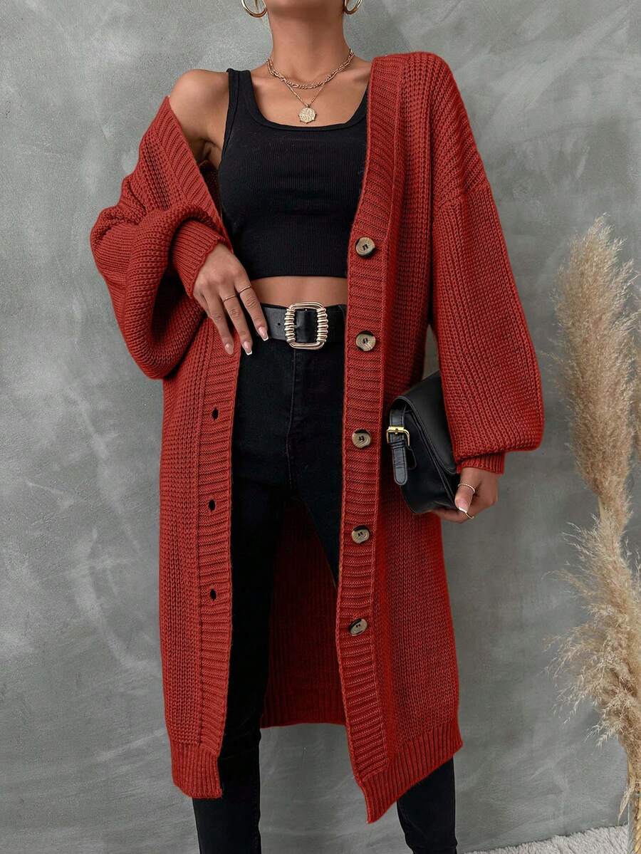 EURMUSE Áo khoác cardigan dài trễ vai màu trơn cho nữ vào mùa thu/đông - Rỉ Nâu - Xem 1