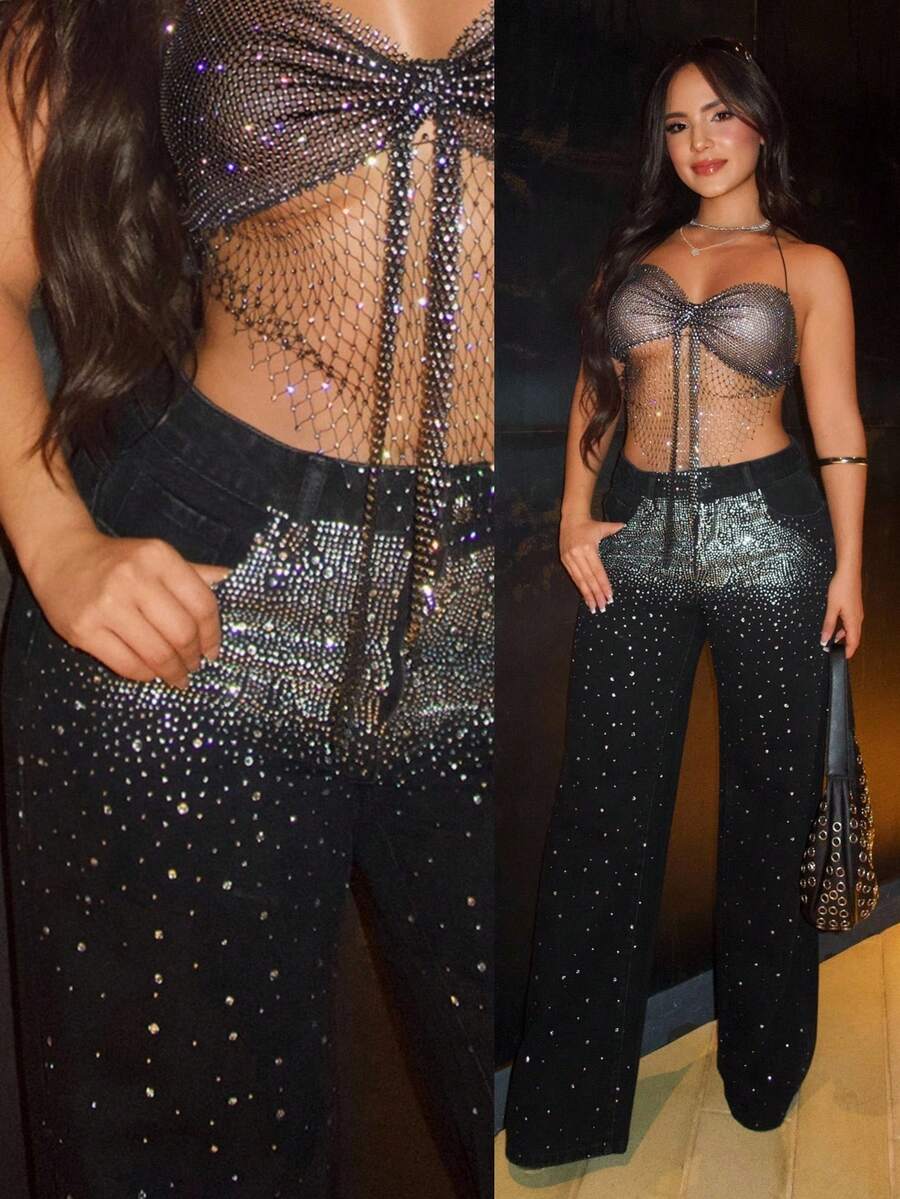 Jeanoix Y2K Fashion Casual Street Rhinestone Washed Wide-Leg Jeans - Black - View 1