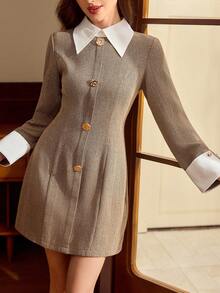 Vintamour Vintage Classic Elegant Women's Dress, Fitted Navy Blue Long Sleeve Dress, Metal Button Closure Crew Neck Dress, Autumn/Winter School - Khaki - View 7