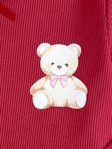 Bộ 2 món/Bộ đồ ngủ in hình gấu sọc đỏ trang trí nơ cho bé gái Áo dài tay và quần dài có gân - Đỏ - Xem 8