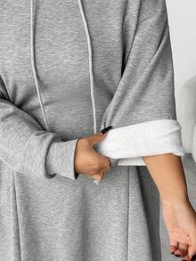 Elenzga Áo hoodie dệt kim dài tay thời trang tối giản cỡ lớn cho nữ có dây rút ở eo, váy dài đến đầu gối màu xám - Xám - Xem 6