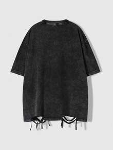 ROMWE MEN Street Life Men's Casual Vintage Punk Distressed Small Logo T-Shirt, Summer - Black - View 2