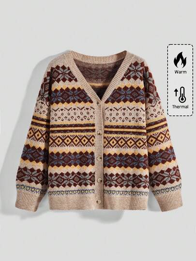 ROMWE Avant Plus Size Christmas Avant Retro Diamond Geometric Pattern Fashion Vintage Cardigan Sweater, Plus Size Women Long Sleeve Autumn/Winter Sweater Jacket, Christmas Holiday Vacation Casual Sweater, Brown Earthy Tone Retro Vintage Sweater